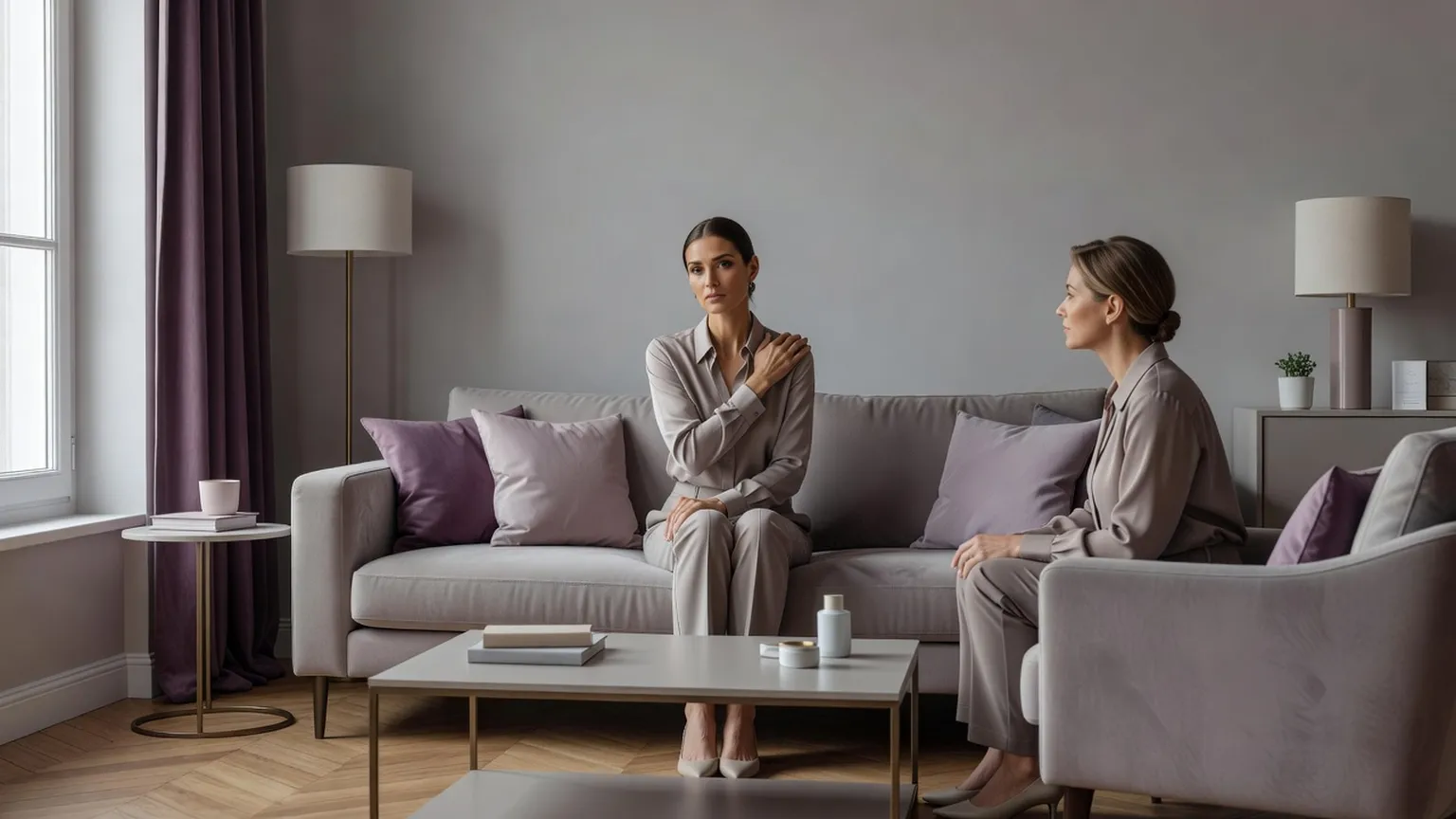 Femme assise dans un salon, tenant son épaule douloureuse et échangeant avec un professionnel de santé