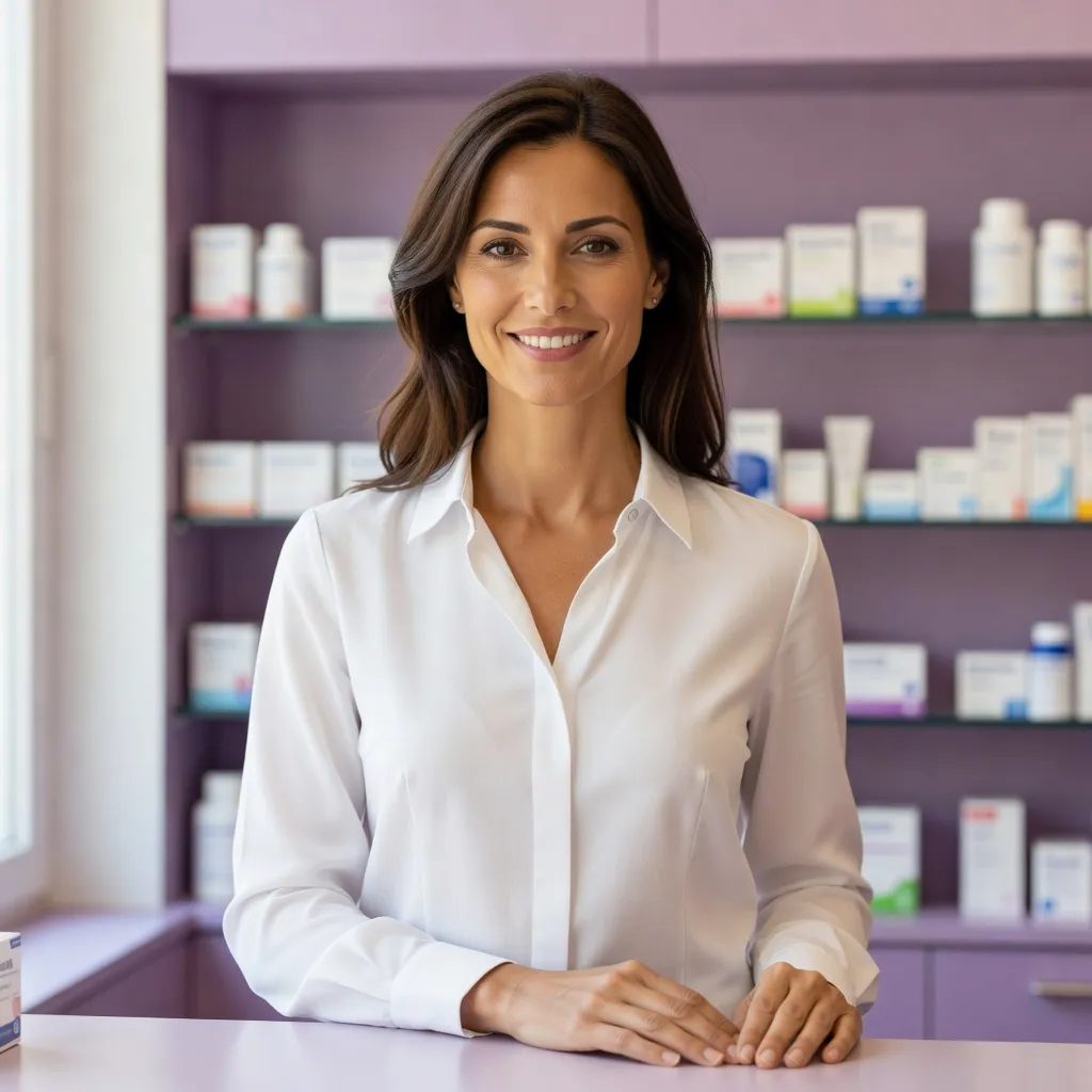 Pharmacienne souriante en blouse blanche, debout derrière le comptoir d'une officine lumineuse, étagères de médicaments sans marque visible en arrière-plan