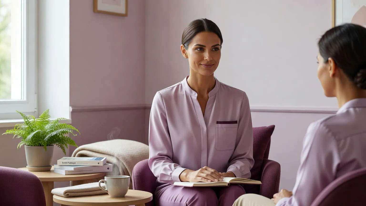 Sage-femme en consultation échangeant avec une femme assise dans un cabinet lumineux